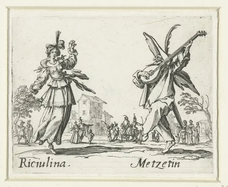 Twee straatartiesten als Riciulina en Metzetin Wall Art by Jacques Callot - High-Resolution Digital Print