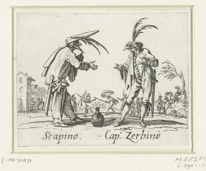 Twee straatartiesten als Scapino en Capitano Zerbino Wall Art by Jacques Callot - High-Resolution Digital Print