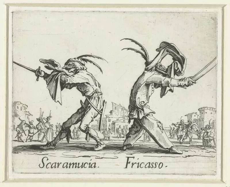 Twee straatartiesten als Scaramucia en Fricasso Wall Art by Jacques Callot - High-Resolution Digital Print