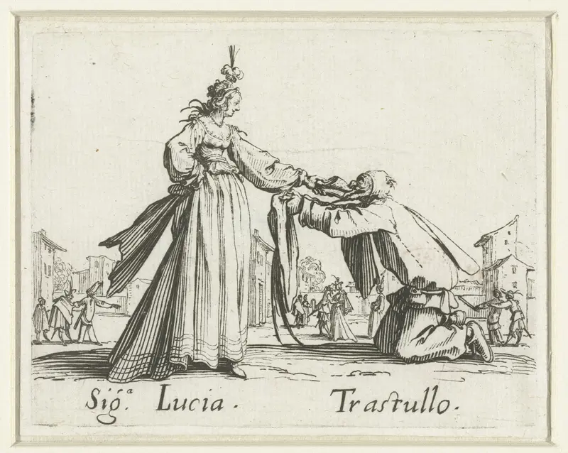 Twee straatartiesten als Signora Lucia en Trastullo Wall Art by Jacques Callot - High-Resolution Digital Print