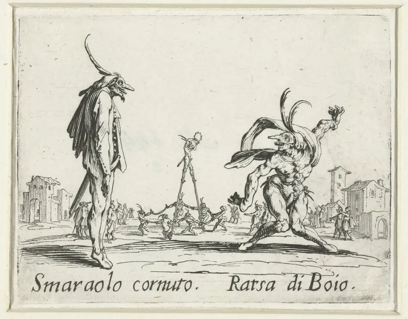 Twee straatartiesten als Smaraolo cornuto en Ratsa di Boio Wall Art by Jacques Callot - High-Resolution Digital Print