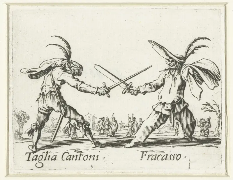 Twee straatartiesten als Taglia Cantoni en Fracasso Wall Art by Jacques Callot - High-Resolution Digital Print