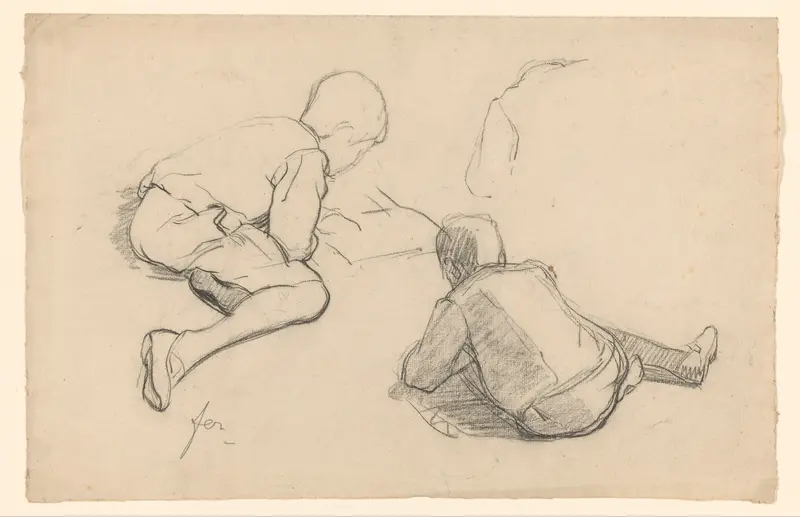 Twee studies van een op de grond lezende jongen Wall Art by Ferdinand Oldewelt - High-Resolution Digital Print