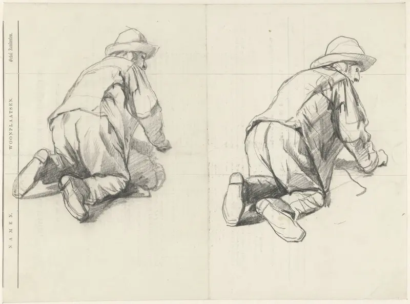 Twee studies van een op zijn knieën werkende man Wall Art by Guillaume Anne van der Brugghen - High-Resolution Digital Print