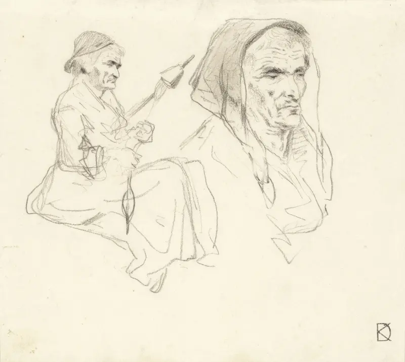 Twee studies van een spinnende vrouw Wall Art by Johan Daniël Koelman - High-Resolution Digital Print