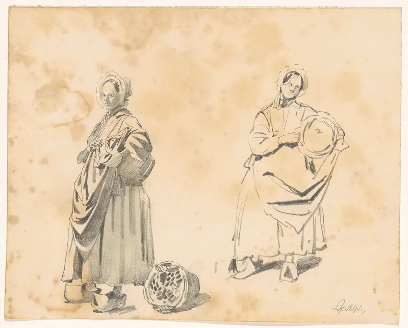 Twee studies van een staande vrouw met mand Wall Art by Pieter van Loon - High-Resolution Digital Print