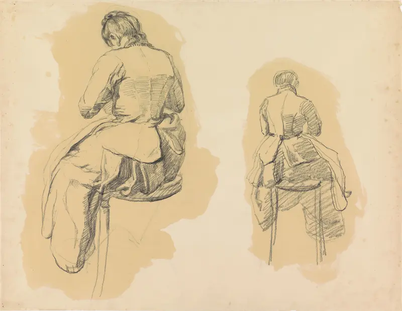 Twee studies van een vrouw, zittend op een kruk, op de rug gezien Wall Art by Barbara Elisabeth van Houten - High-Resolution Digital Print