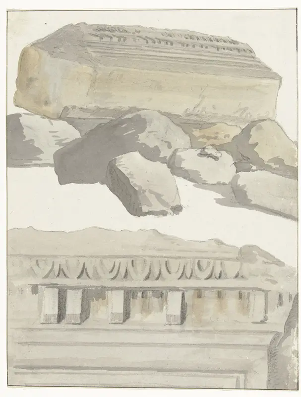 Twee stukken van een architraaf van de antieke tempel in de oude stad Manduria Wall Art by Louis Ducros - High-Resolution Digital Print
