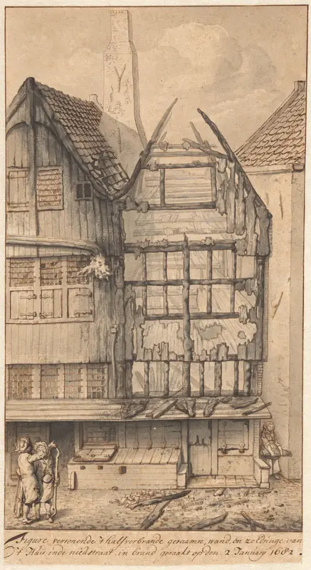 Twee uitgebrande huizen in de Oude Nieuwstraat, 1682 Wall Art by Jan van der Heyden - High-Resolution Digital Print