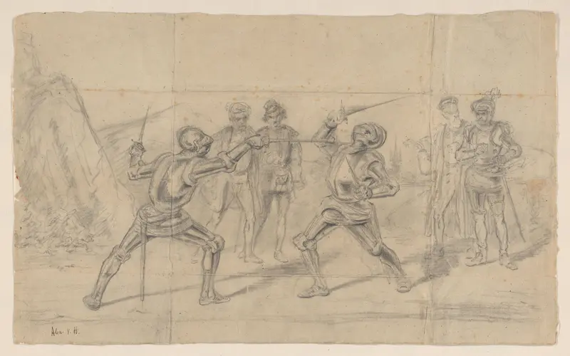 Twee vechtende mannen in harnas met toeschouwers Wall Art by Unknown - High-Resolution Digital Print