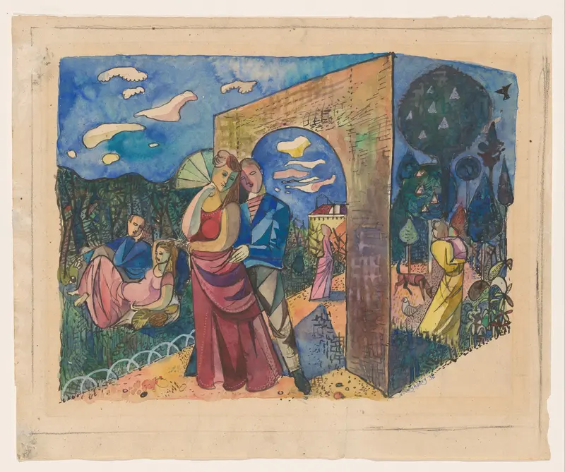Twee verliefde stellen in een tuin met een grote poort Wall Art by Unknown - High-Resolution Digital Print