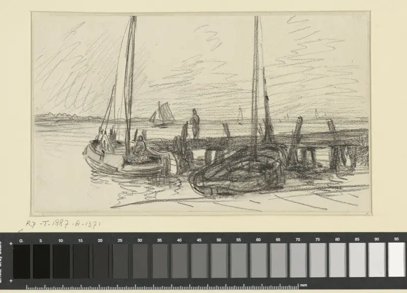 Twee vissersschepen aan een houten havenhoofd waarop een man staat Wall Art by Adolphe Mouilleron - High-Resolution Digital Print