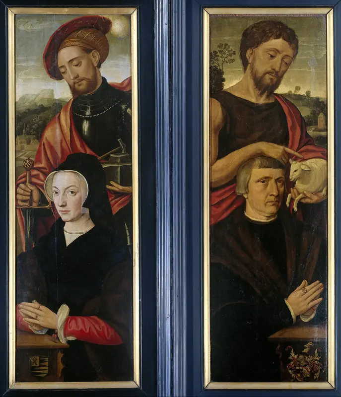 Twee vleugels van een drieluik, met de portretten van een man en een vrouw, respectievelijk vergezeld van Johannes de Doper en de heilige Adrianus Wall Art by Unknown - High-Resolution Digital Print
