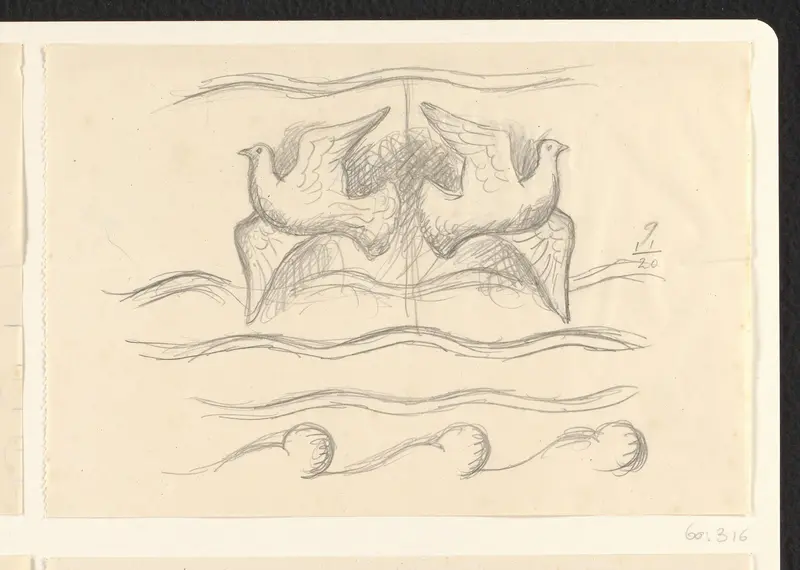 Twee vliegende duiven boven de zee Wall Art by Leo Gestel - High-Resolution Digital Print