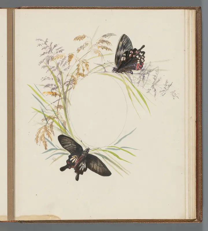 Twee vlinders op grashalmen Wall Art by Unknown - High-Resolution Digital Print