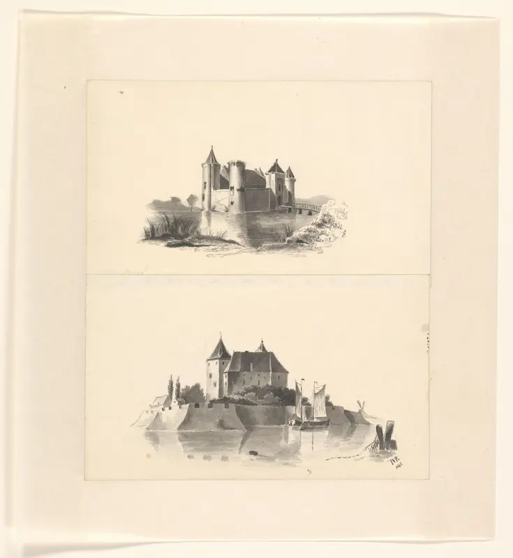 Twee voorstellingen van een kasteel omgeven door water Wall Art by Unknown - High-Resolution Digital Print