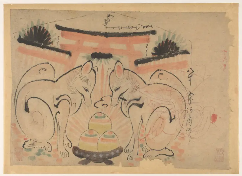 Twee vossen voor de torri van de Inari Jinja Wall Art by anonymous - High-Resolution Digital Print