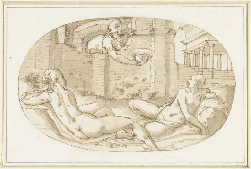 Twee vrouwelijke naaktfiguren en een Mercurius Wall Art by Unknown - High-Resolution Digital Print