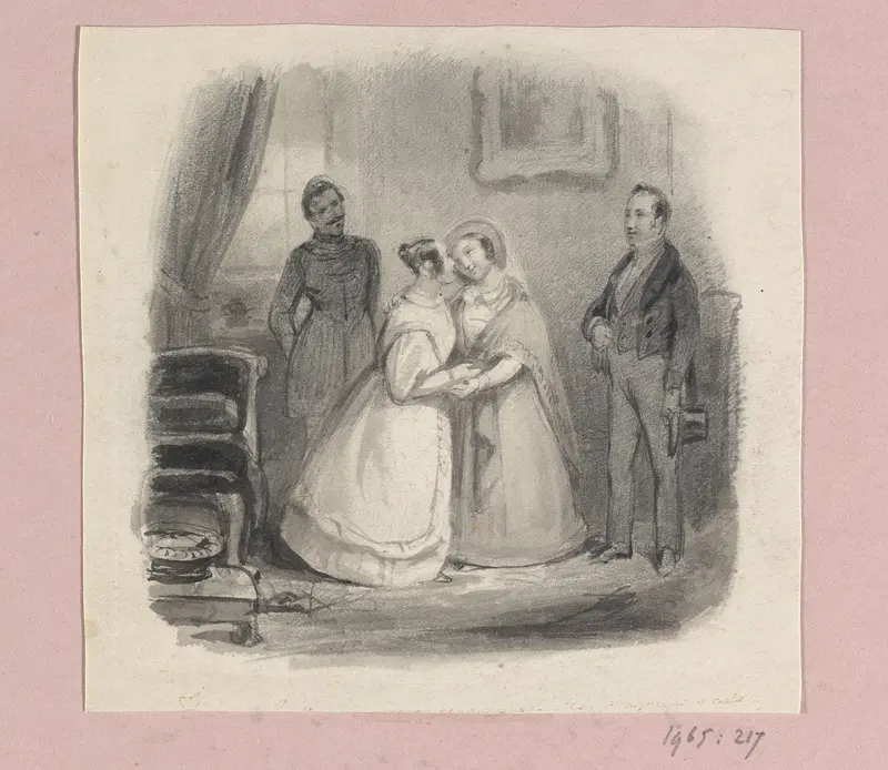 Twee vrouwen begroeten elkaar in een woonkamer met twee toekijkende mannen Wall Art by Johann Wilhelm Kaiser (I) - High-Resolution Digital Print