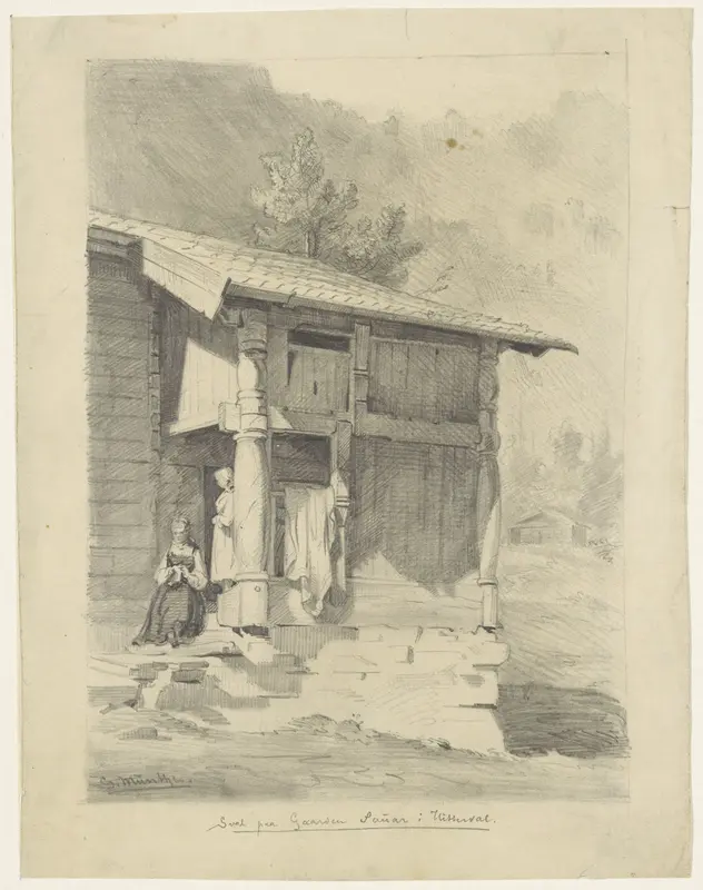 Twee vrouwen bij de ingang van een huis Wall Art by Gerhard Peter Frantz Vilhelm Munthe - High-Resolution Digital Print