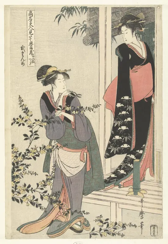 Twee vrouwen bij een bloeiende yamabuki struik: de tweede akte. Wall Art by Unknown - High-Resolution Digital Print