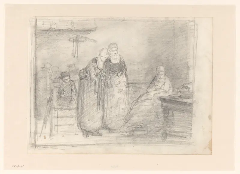 Twee vrouwen bij een moeder met kind Wall Art by Hendrik Valkenburg - High-Resolution Digital Print
