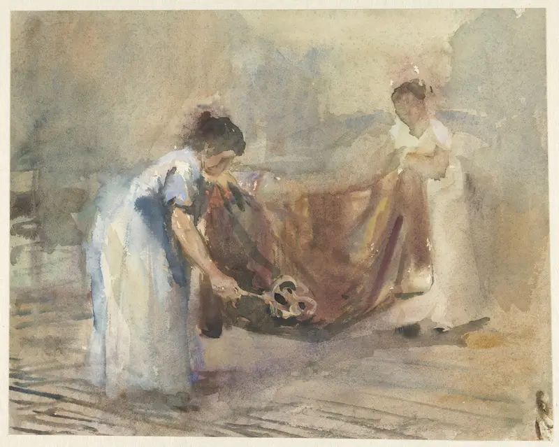 Twee vrouwen die een kleed uitkloppen Wall Art by Joan Berg - High-Resolution Digital Print