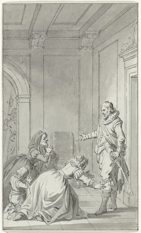 Twee vrouwen en een kind, geknield smekend voor een heer Wall Art by Jacobus Buys - High-Resolution Digital Print