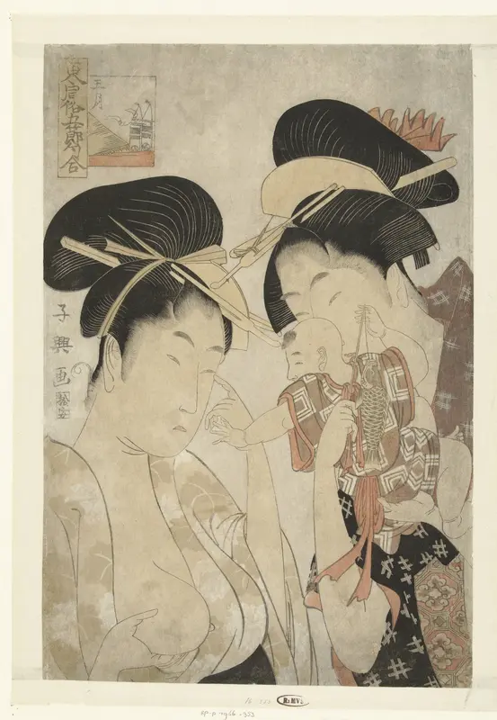 Twee vrouwen en een klein kind: de vijfde maand. Wall Art by Unknown - High-Resolution Digital Print