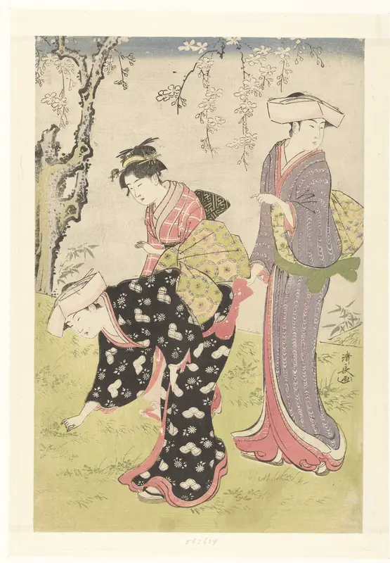 Twee vrouwen en een meisje onder een bloesemende kersenboom Wall Art by Unknown - High-Resolution Digital Print