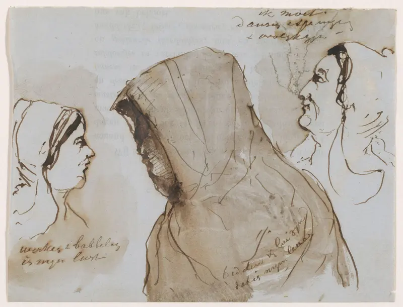 Twee vrouwen en een persoon met capuchon Wall Art by Johannes Tavenraat - High-Resolution Digital Print
