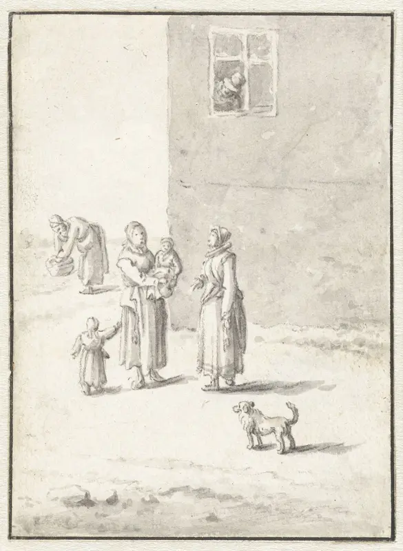 Twee vrouwen in gesprek voor een huis Wall Art by Herman Saftleven - High-Resolution Digital Print