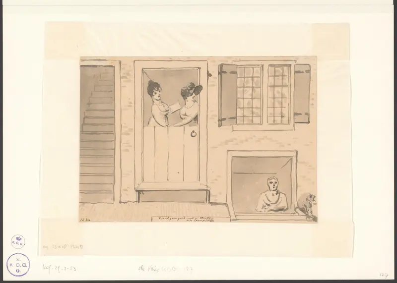 Twee vrouwen kijken neer op een oude vrouw en kat in de onderdeur Wall Art by Christiaan Andriessen - High-Resolution Digital Print