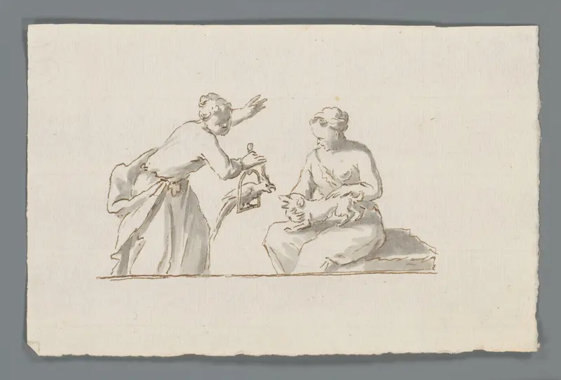 Twee vrouwen met een kaketoe en een hondje die ruziën Wall Art by Matthijs Balen (1684-1766) - High-Resolution Digital Print