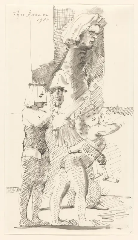 Twee vrouwen met een pop, en een man die op zijn hoofd een reusachtig manshoofd draagt Wall Art by Unknown - High-Resolution Digital Print
