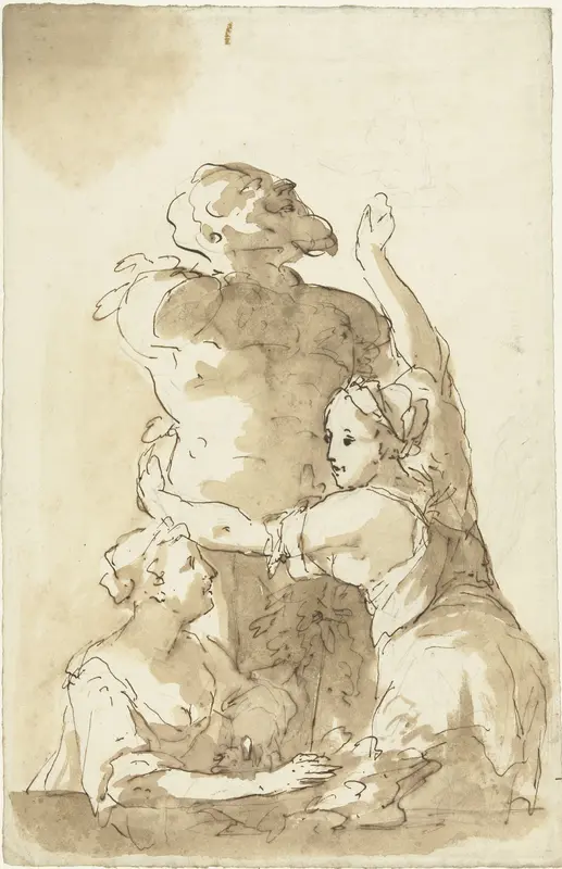 Twee vrouwen, waarvan één een mansbeeld omhelst Wall Art by Elias van Nijmegen - High-Resolution Digital Print