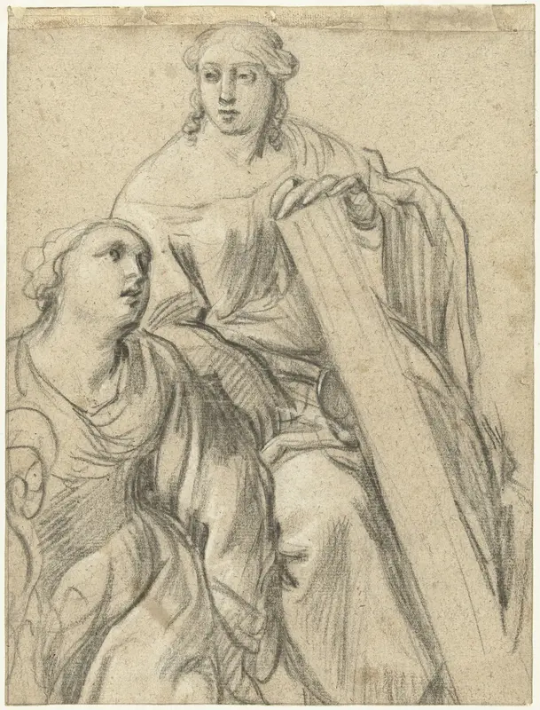 Twee vrouwenfiguren, zittend naar rechts Wall Art by Simon Vouet - High-Resolution Digital Print