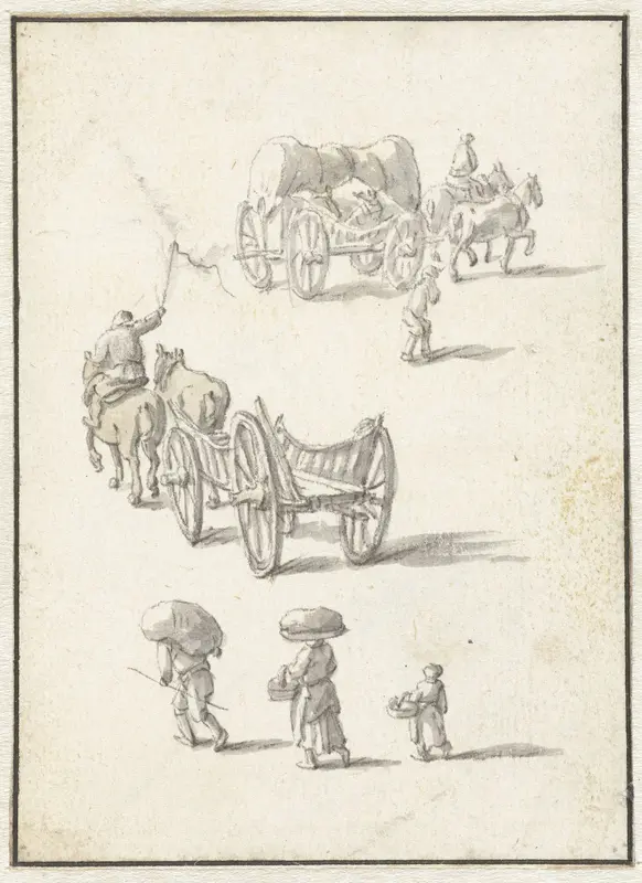 Twee wagens met paarden ervoor gevolgd door drie personen Wall Art by Herman Saftleven - High-Resolution Digital Print