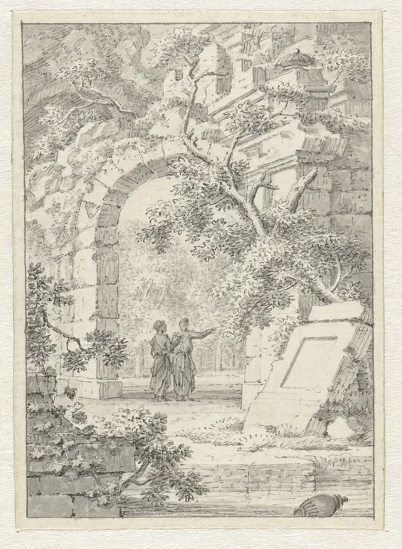 Twee wandelaars bij een poortruïne in een park Wall Art by Joannes de Bosch - High-Resolution Digital Print