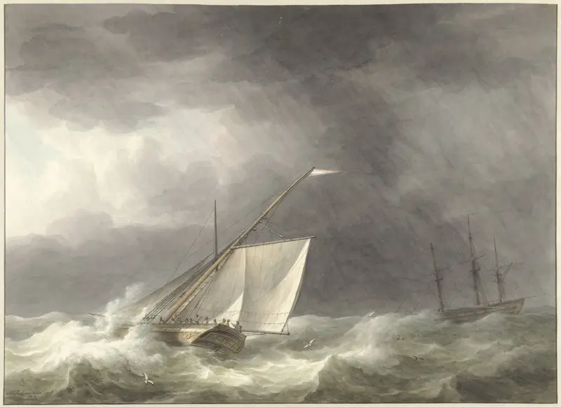 Twee zeilschepen op woelige zee Wall Art by Unknown - High-Resolution Digital Print