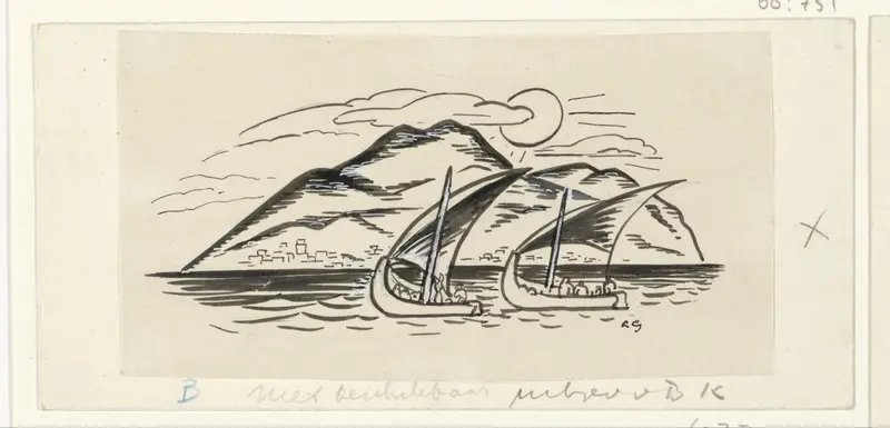 Twee zeilschepen voor een eiland met bergen Wall Art by Unknown - High-Resolution Digital Print