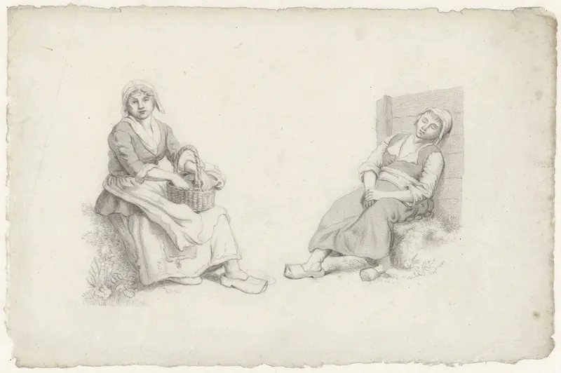 Twee zittende boerenmeisjes Wall Art by anonymous - High-Resolution Digital Print