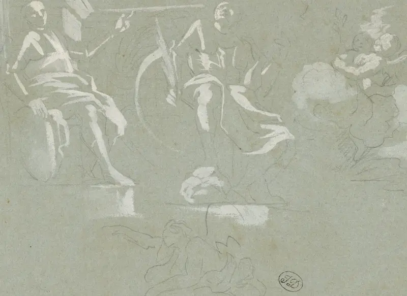 Twee zittende figuren en engelen op wolken Wall Art by Mattia Preti - High-Resolution Digital Print