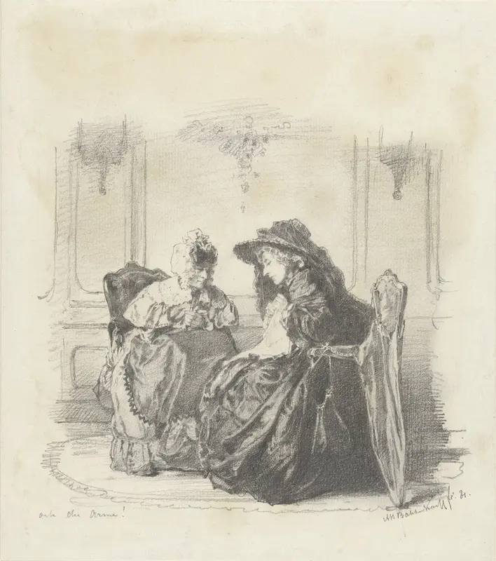 Twee zittende vrouwen met elkaar in gesprek Wall Art by Unknown - High-Resolution Digital Print