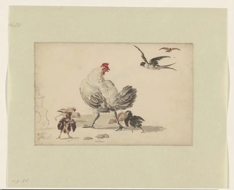 Twee zwaluwen en een hen met vier kuikens Wall Art by Melchior d' Hondecoeter - High-Resolution Digital Print