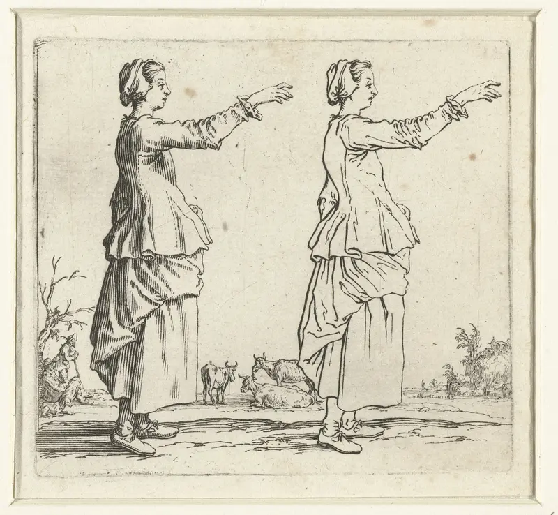 Tweemaal dezelfde boerin met opgeheven arm, op de rechterzijde gezien Wall Art by Jacques Callot - High-Resolution Digital Print