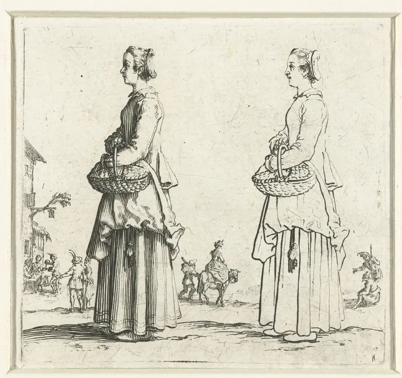 Tweemaal dezelfde boerin met rieten mand, op de linkerzijde gezien Wall Art by Jacques Callot - High-Resolution Digital Print