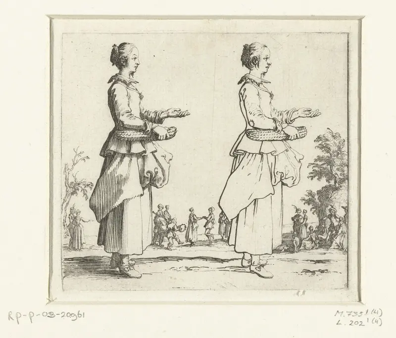 Tweemaal dezelfde boerin met rieten mand, op de rechterzijde gezien Wall Art by Jacques Callot - High-Resolution Digital Print