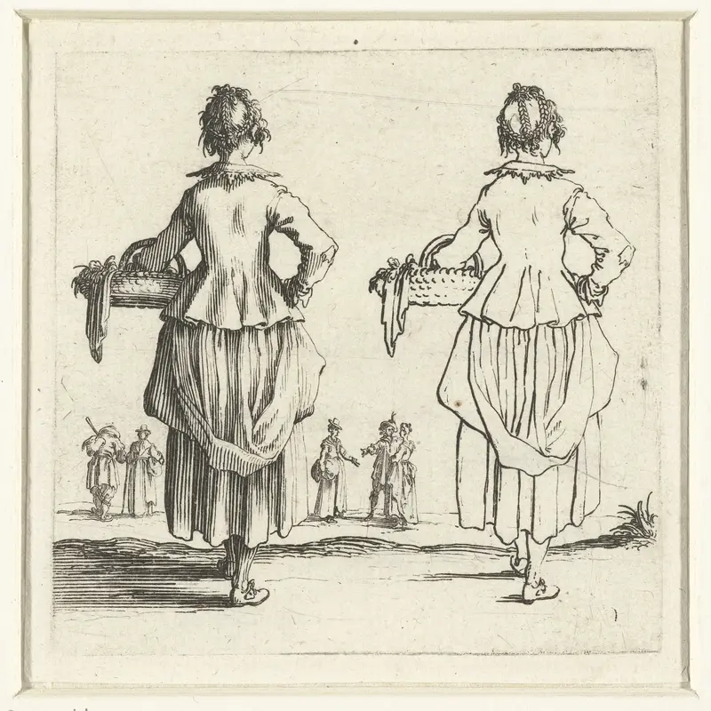 Tweemaal dezelfde boerin met rieten mand, op de rug gezien Wall Art by Jacques Callot - High-Resolution Digital Print