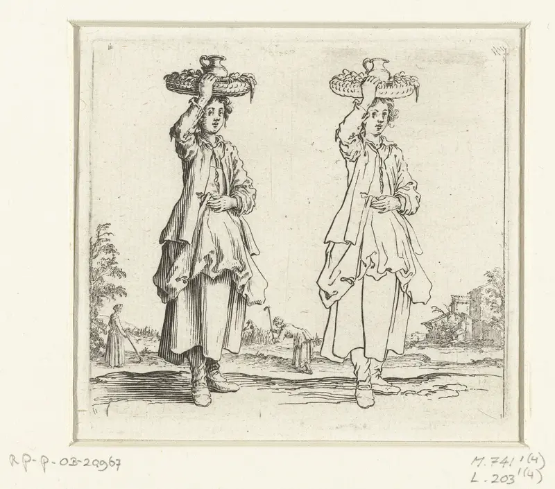 Tweemaal dezelfde boerin met rieten mand, van voren gezien Wall Art by Jacques Callot - High-Resolution Digital Print